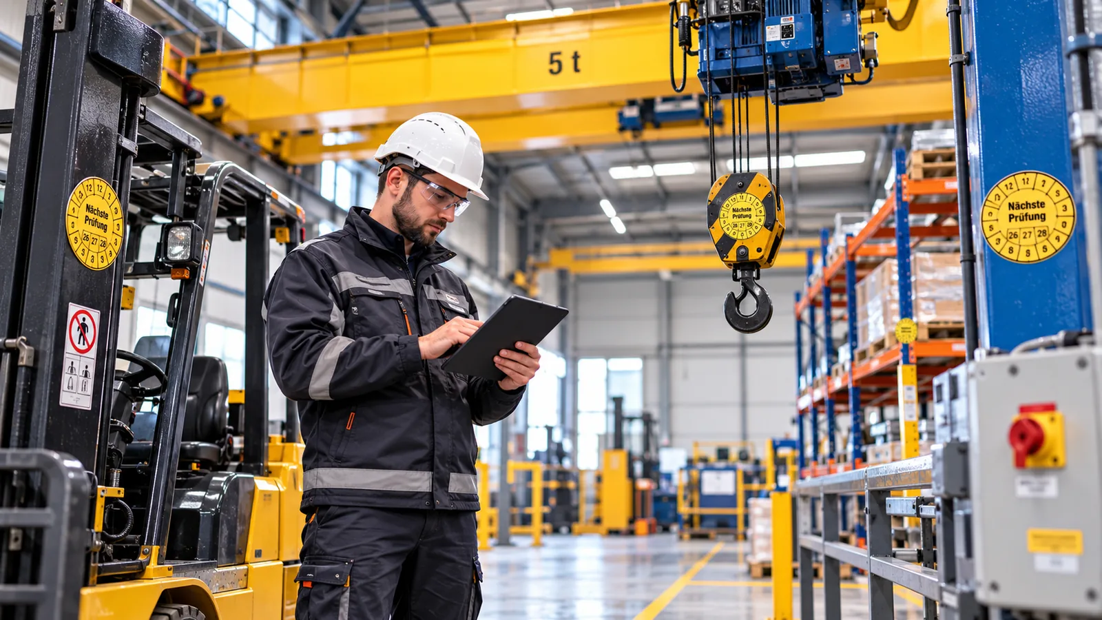 Befähigte Person prüft Arbeitsmittel: Prüfer mit Tablet zwischen Gabelstapler, Brückenkran und Palettenregal mit Prüfplaketten